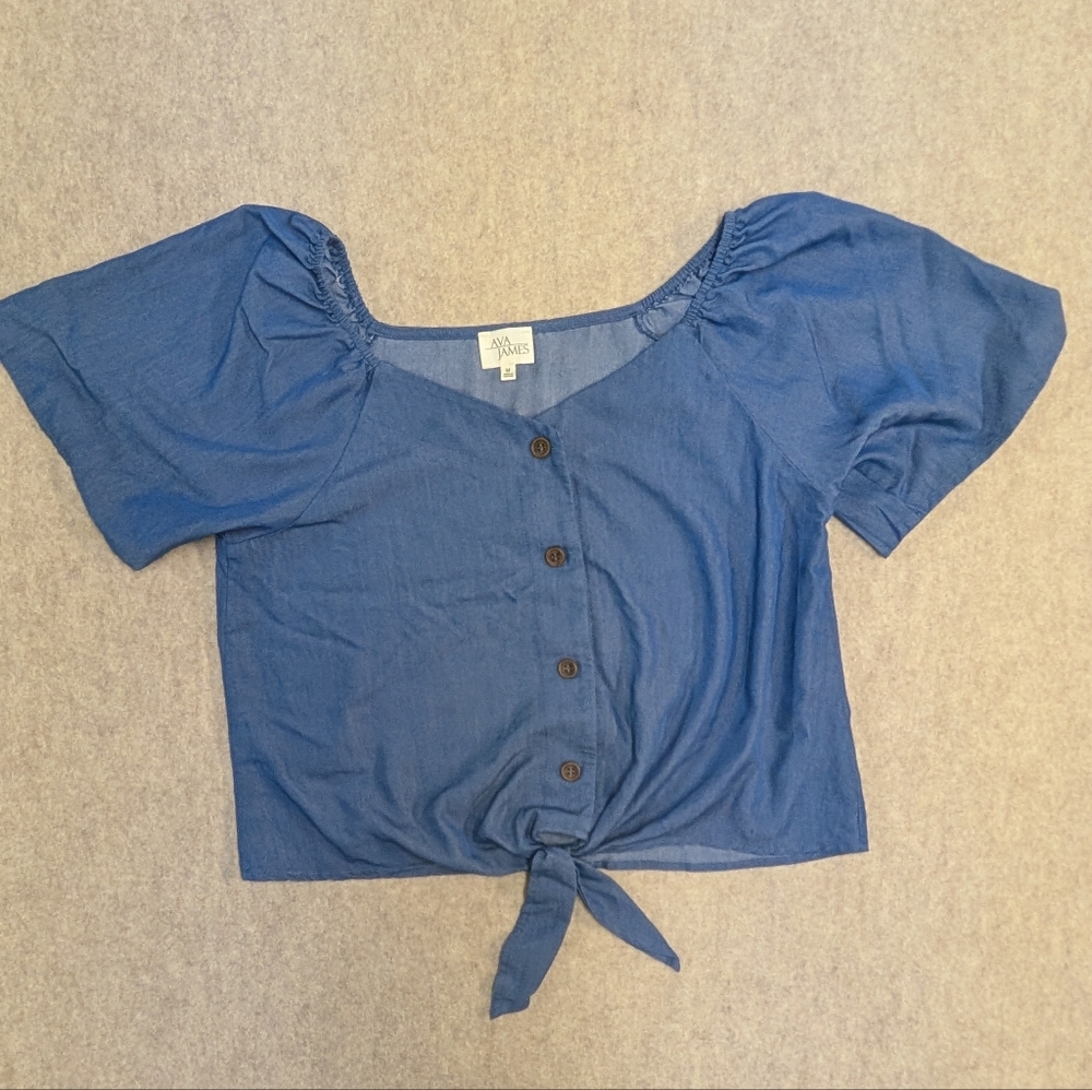 Ava James Blue Cropped Button And Tie-Front Blouse Women's Size Medium